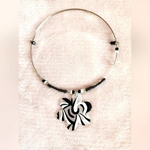 Choker Necklace.  Wire. Twine. Beads. Black. White. Flower. Painted. Shell.